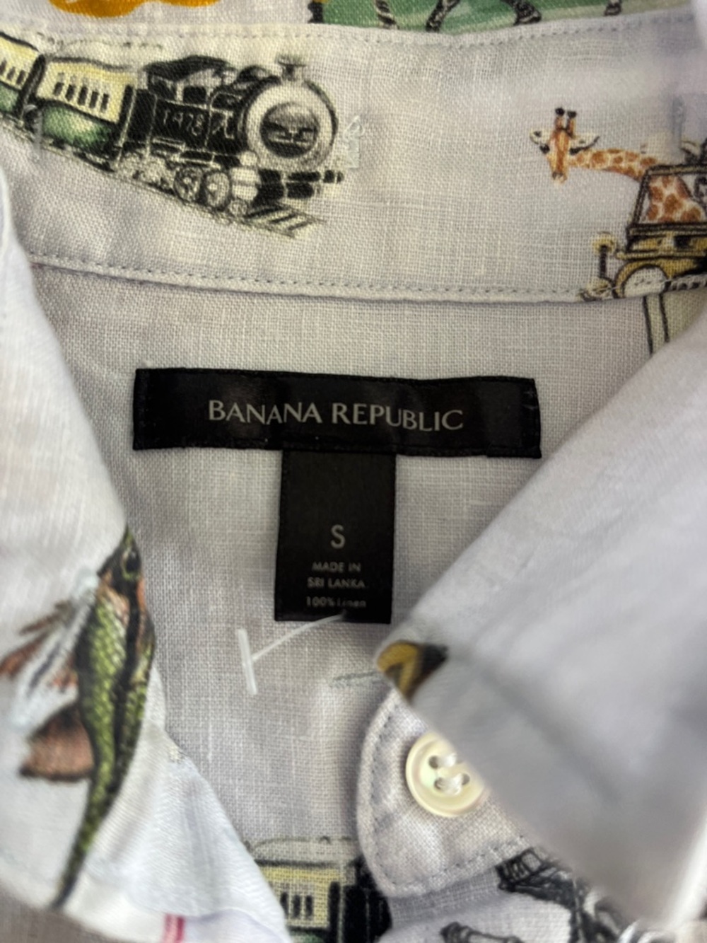 Banana Republic White Printed Linen Travel-Stamp Button-Up Shirt - Picture 2 of 5